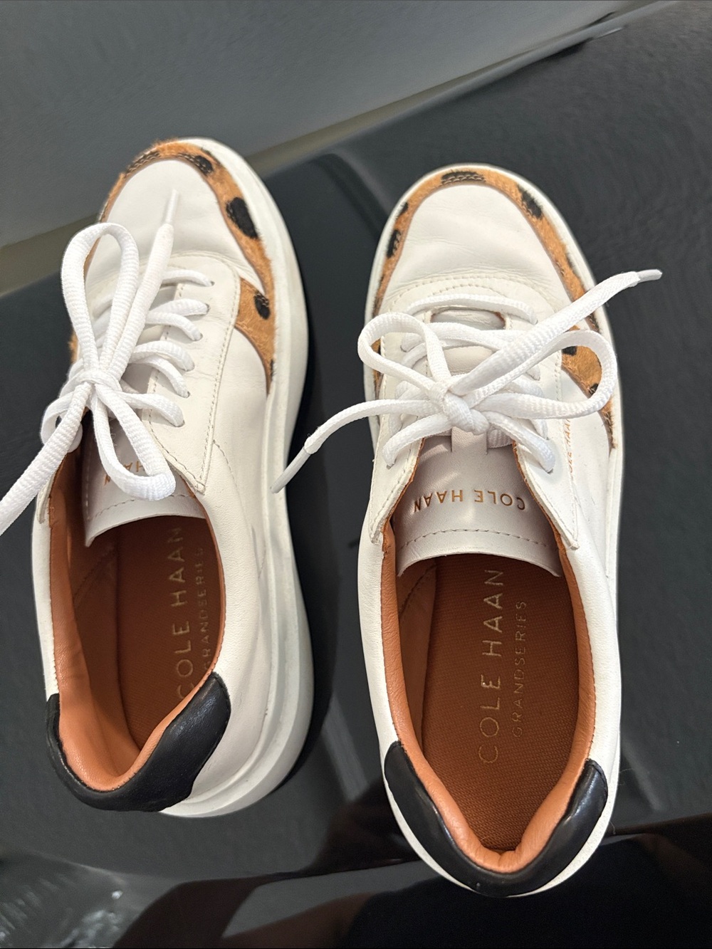 Cole Haan White Sneakers with Tan and Black Leopard Accents - Picture 9 of 12